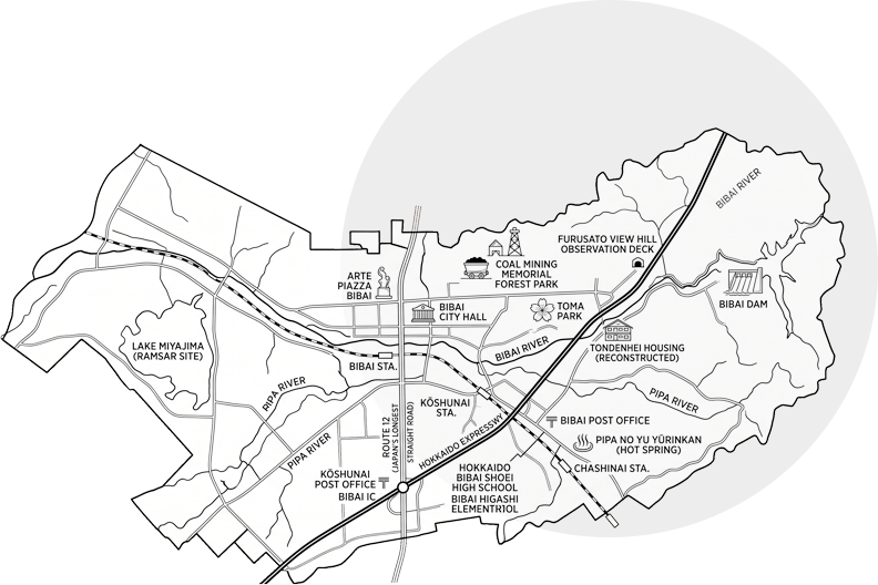 北海道美唄市と周辺地域の地図